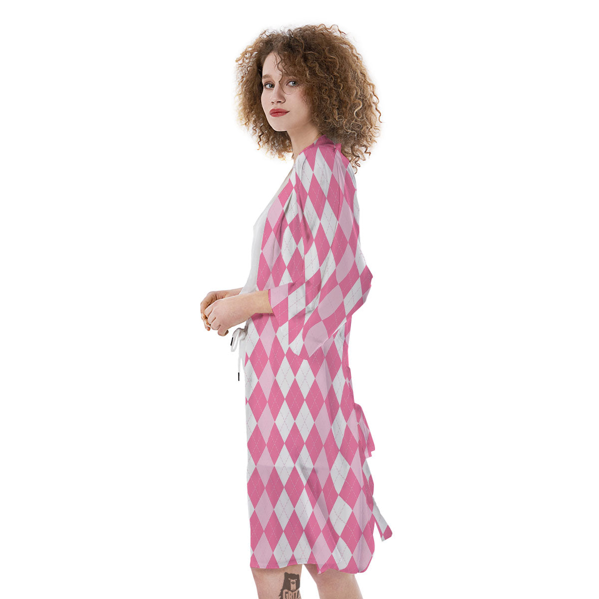 Argyle White And Pink Print Pattern Kimono-grizzshop