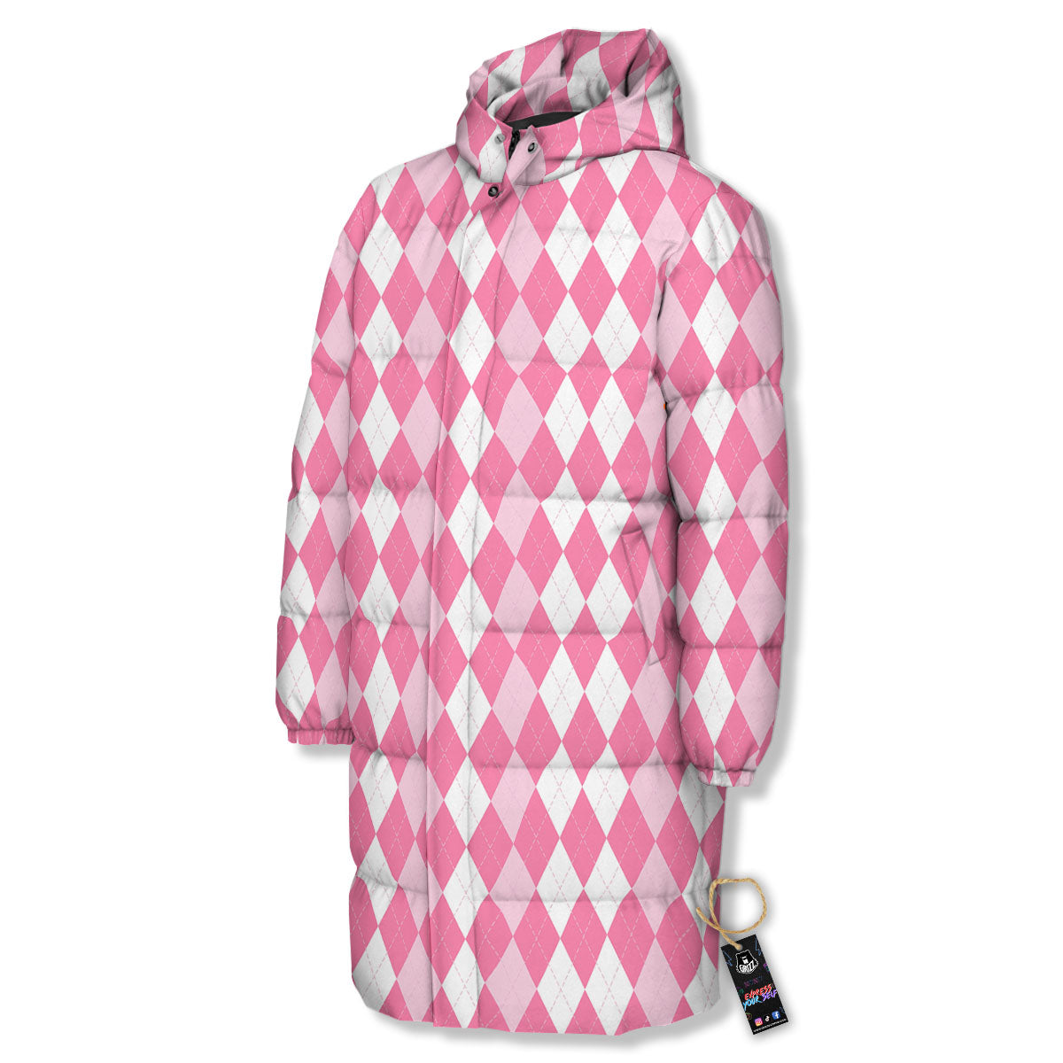 Argyle White And Pink Print Pattern Long Down Jacket-grizzshop