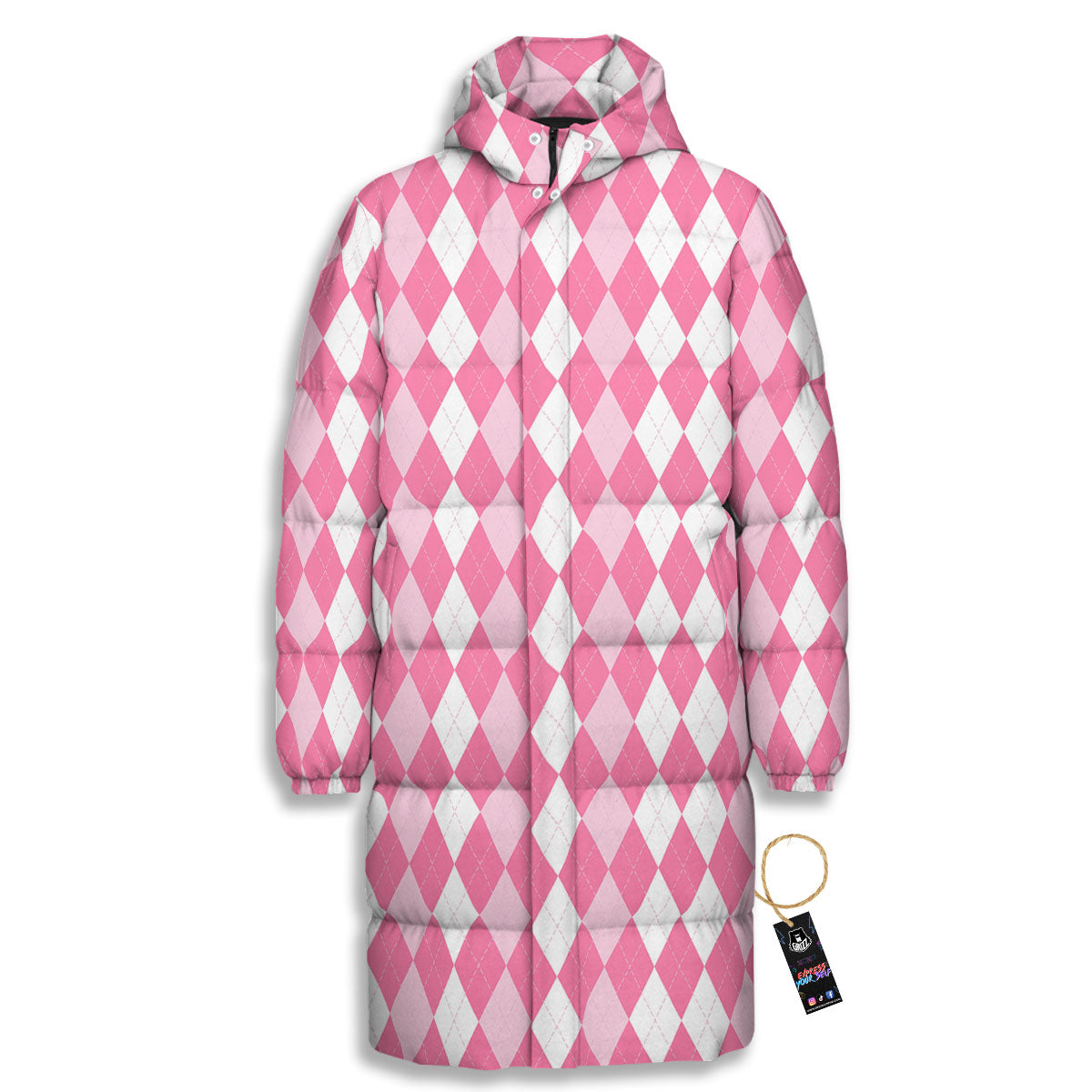 Argyle White And Pink Print Pattern Long Down Jacket-grizzshop