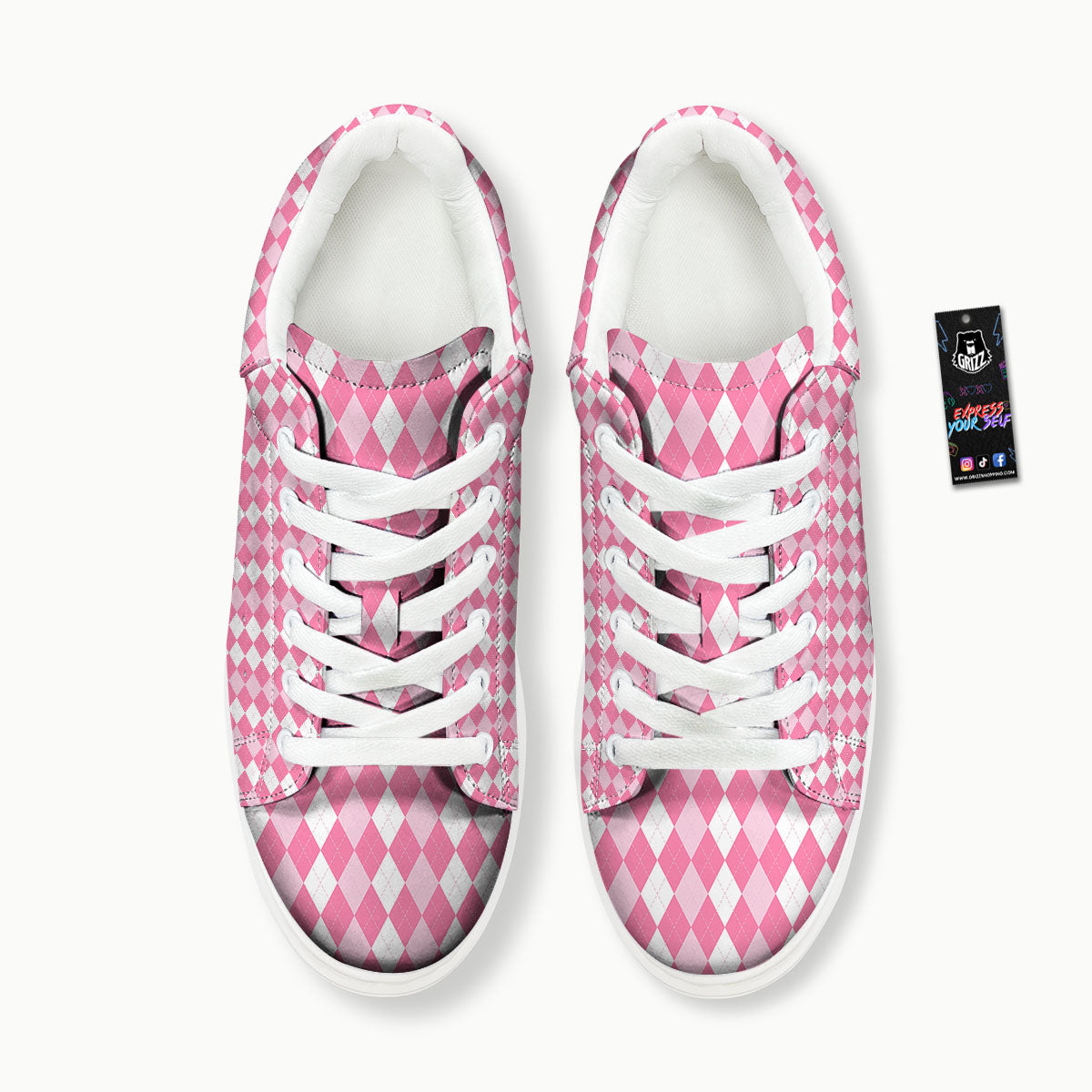 Argyle White And Pink Print Pattern Platform Shoes-grizzshop