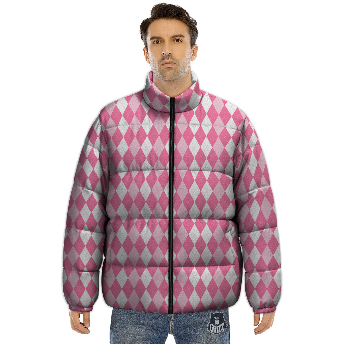 Argyle White And Pink Print Pattern Puffer Jacket-grizzshop