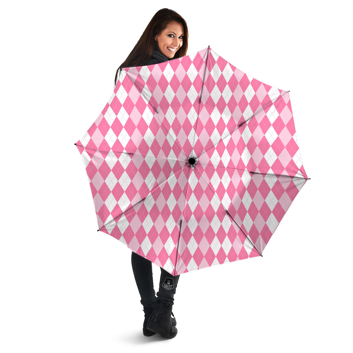Argyle White And Pink Print Pattern Umbrella-grizzshop