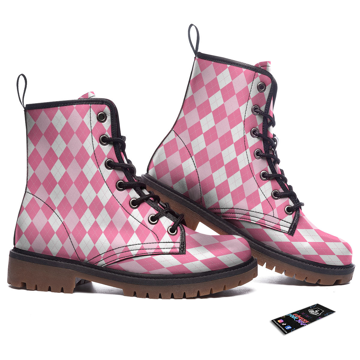 Argyle White And Pink Print Pattern Work Boots-grizzshop