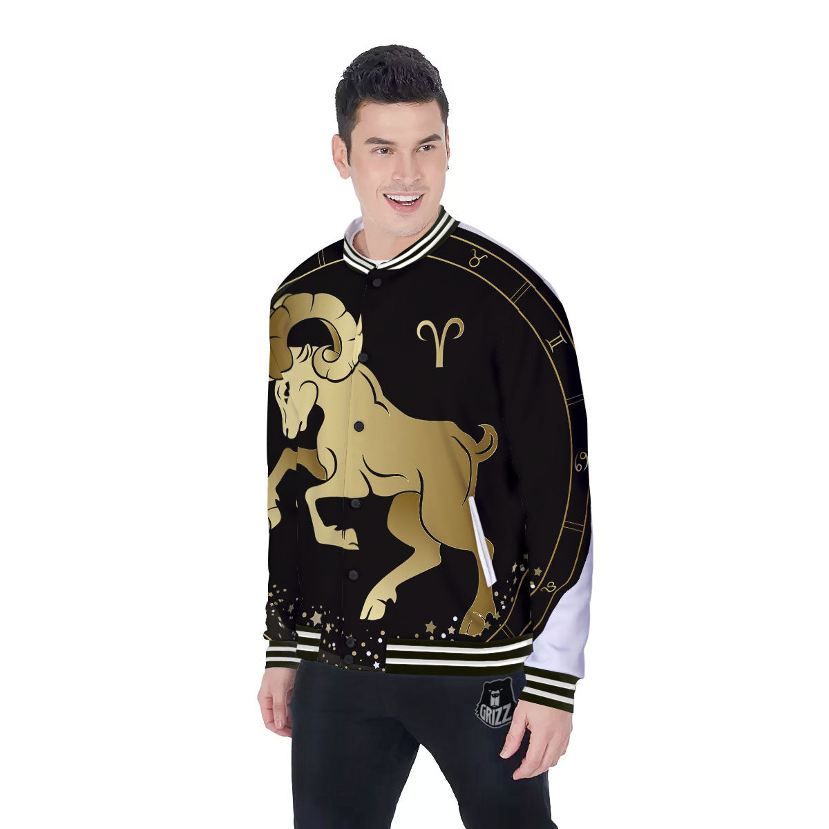 Aries Sign Black And Gold Print Baseball Jacket-grizzshop