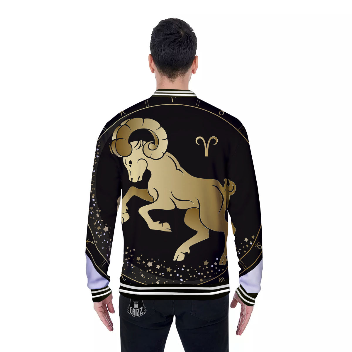 Aries Sign Black And Gold Print Baseball Jacket-grizzshop