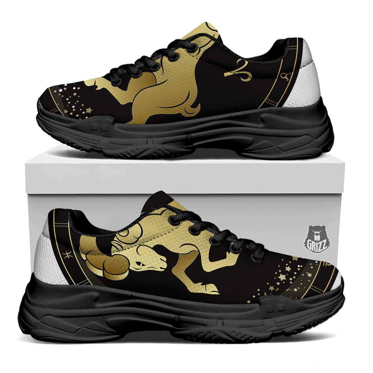 Aries Sign Black And Gold Print Black Chunky Shoes-grizzshop