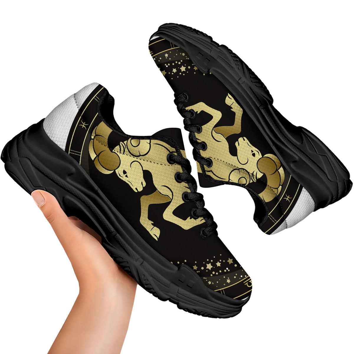 Aries Sign Black And Gold Print Black Chunky Shoes-grizzshop