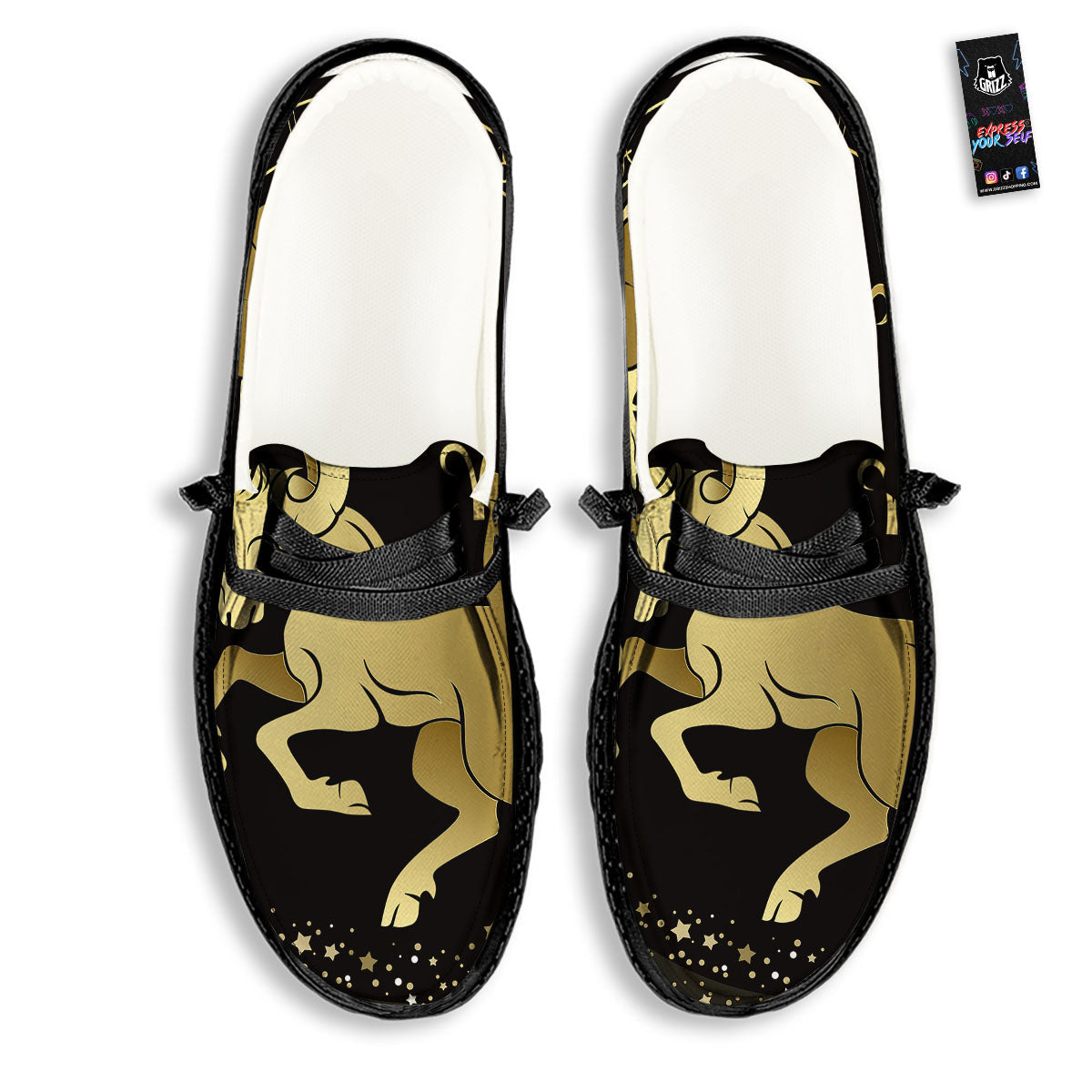 Aries Sign Black And Gold Print Black Loafers-grizzshop