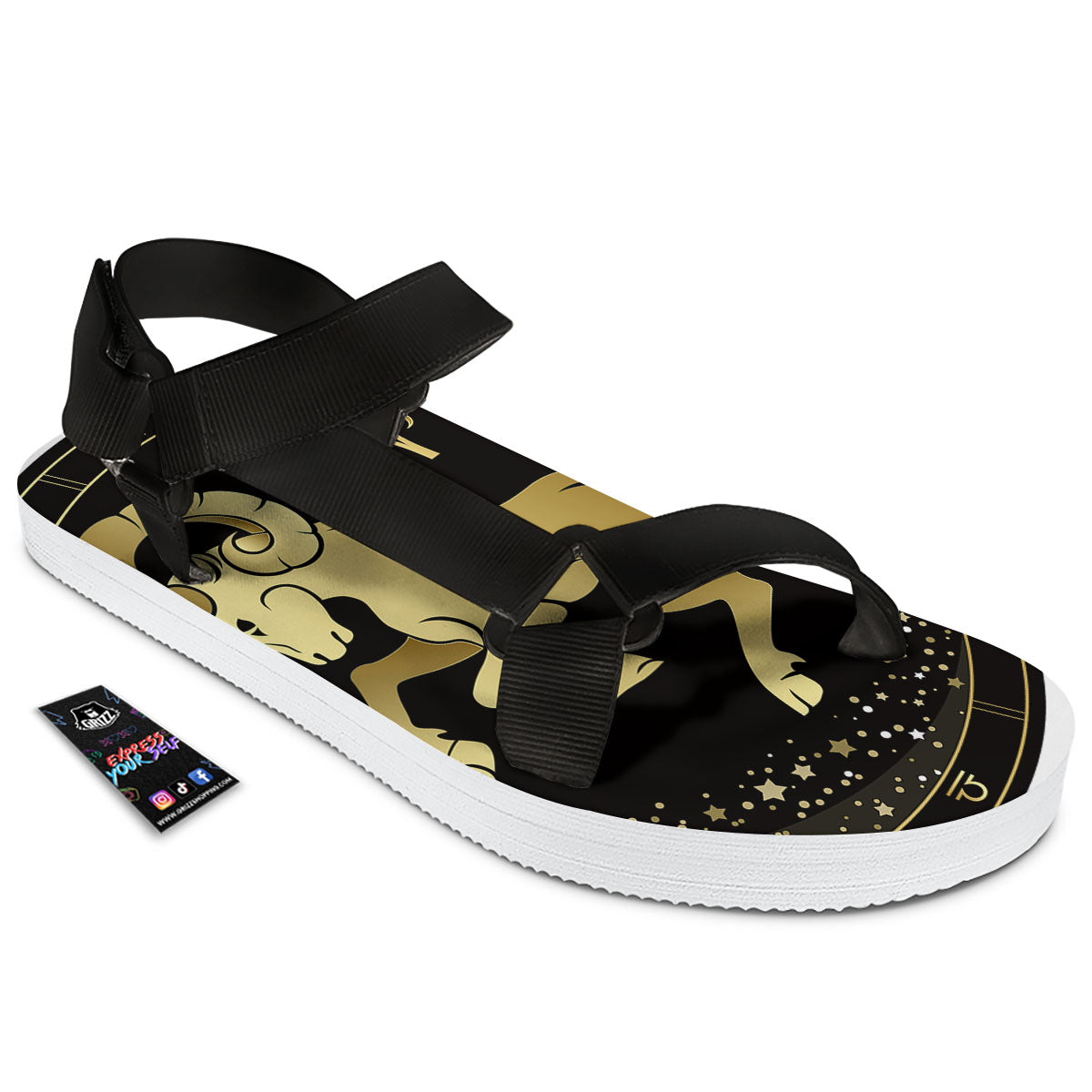 Aries Sign Black And Gold Print Black Open Toe Sandals-grizzshop