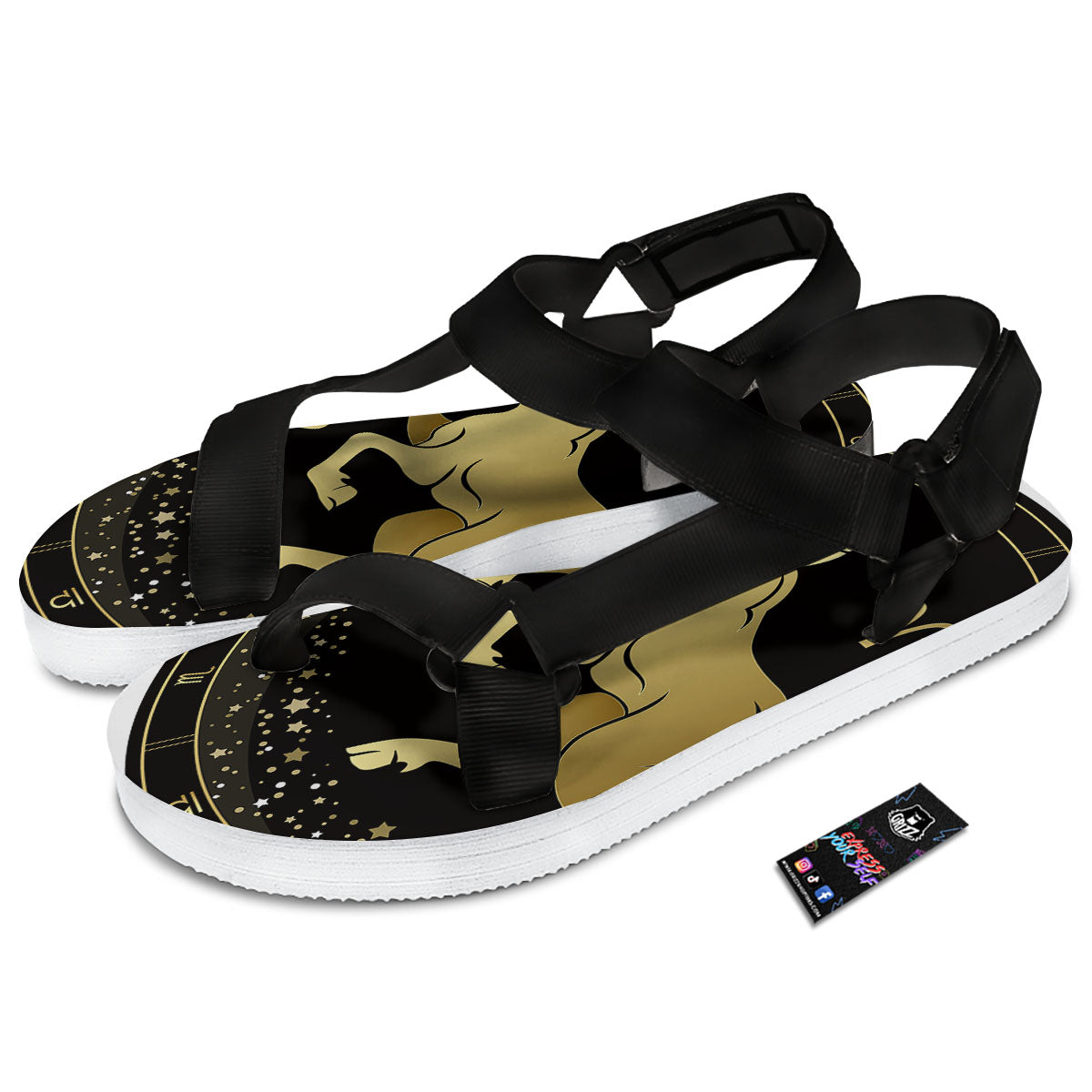 Aries Sign Black And Gold Print Black Open Toe Sandals-grizzshop