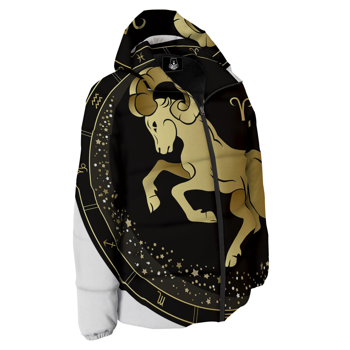 Aries Sign Black And Gold Print Down Jacket-grizzshop