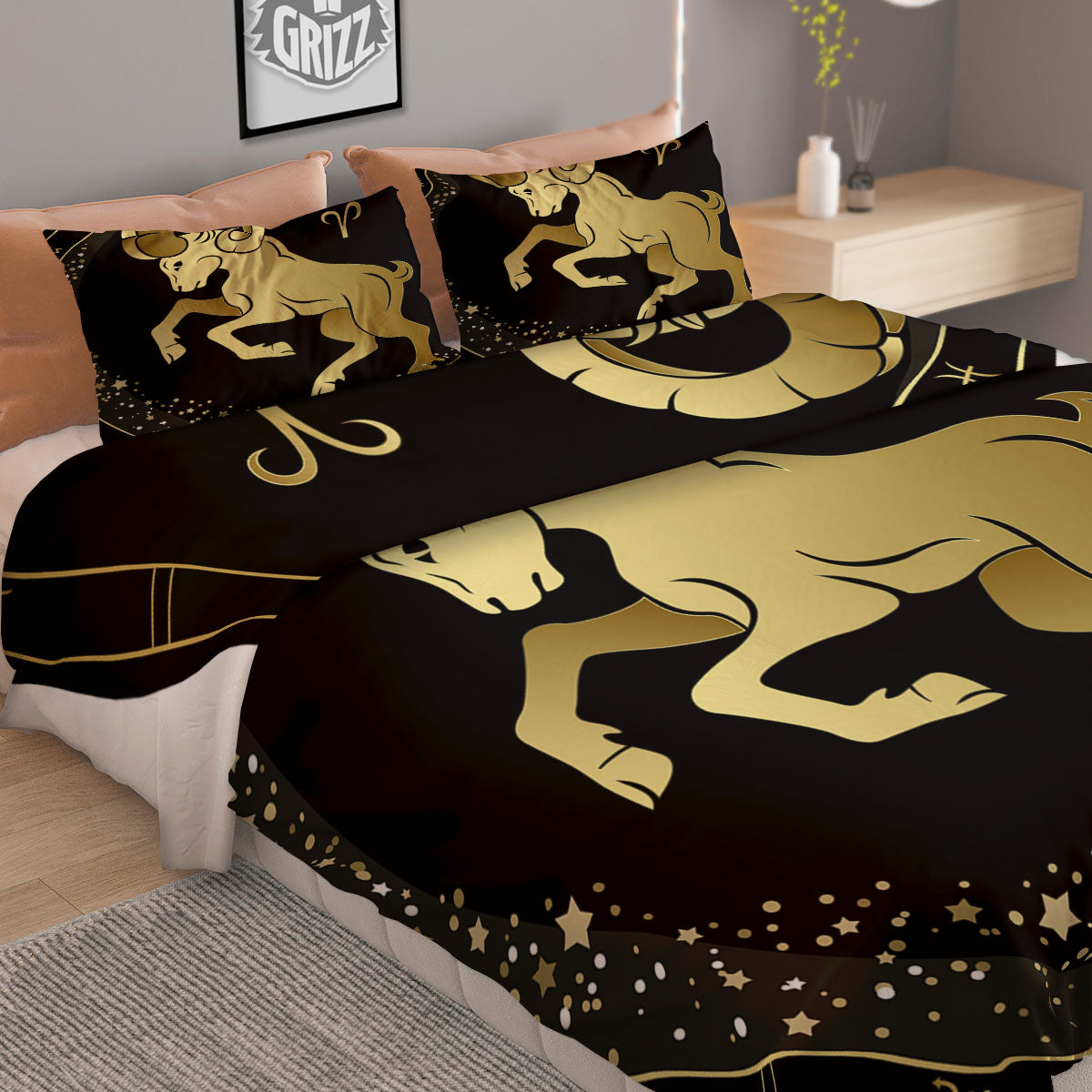 Aries Sign Black And Gold Print Duvet Cover Bedding Set