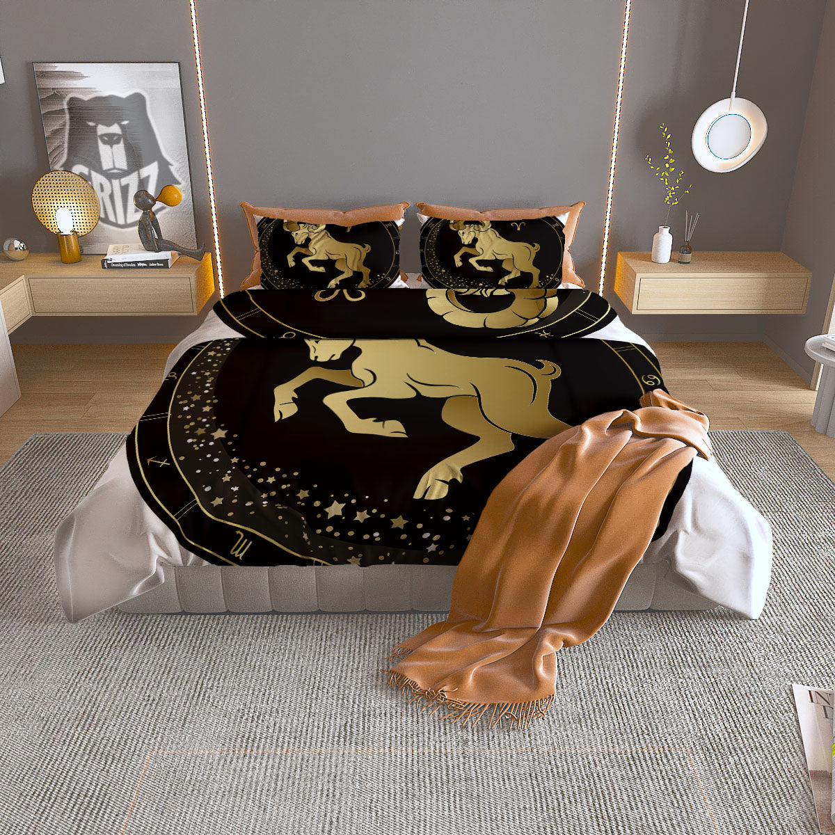 Aries Sign Black And Gold Print Duvet Cover Bedding Set
