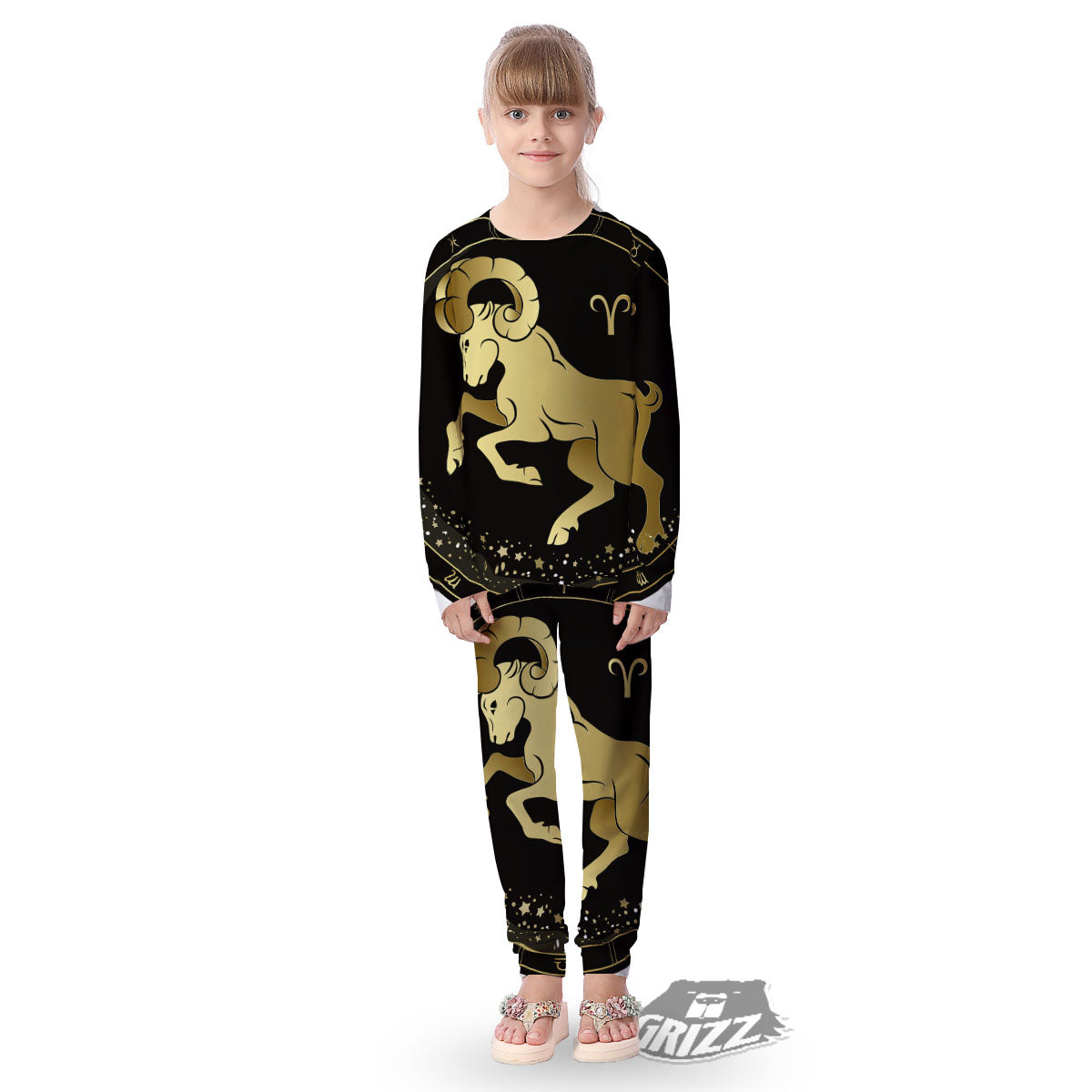 Aries Sign Black And Gold Print Kid's Pajamas-grizzshop