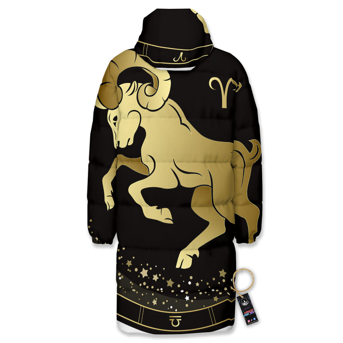 Aries Sign Black And Gold Print Long Down Jacket-grizzshop