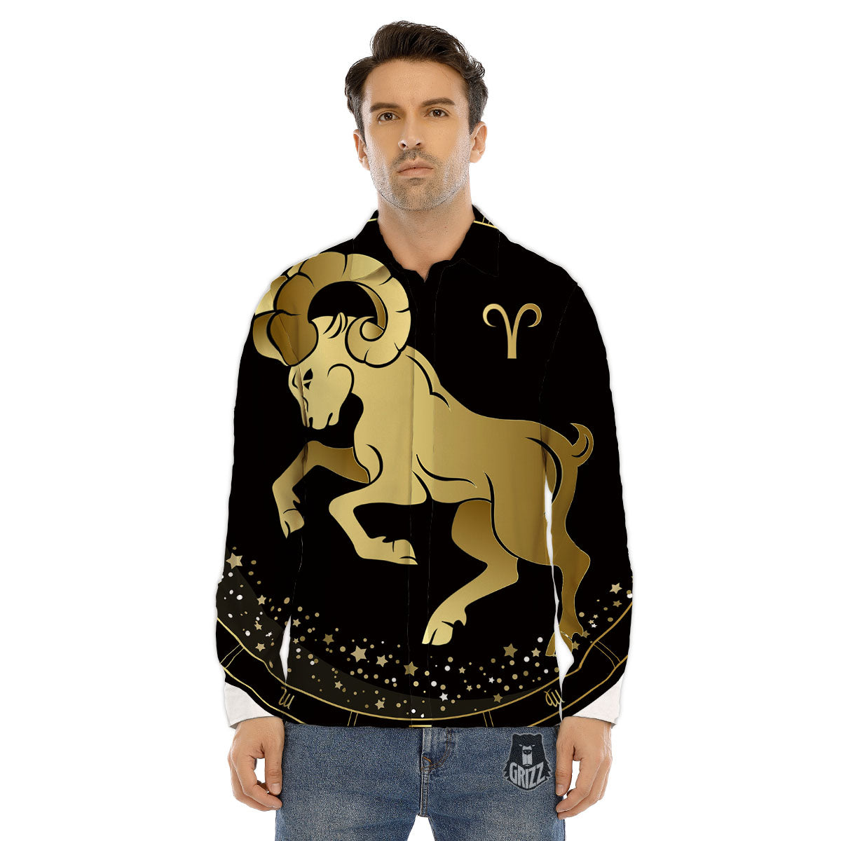 Aries Sign Black And Gold Print Men's Dress Shirts-grizzshop