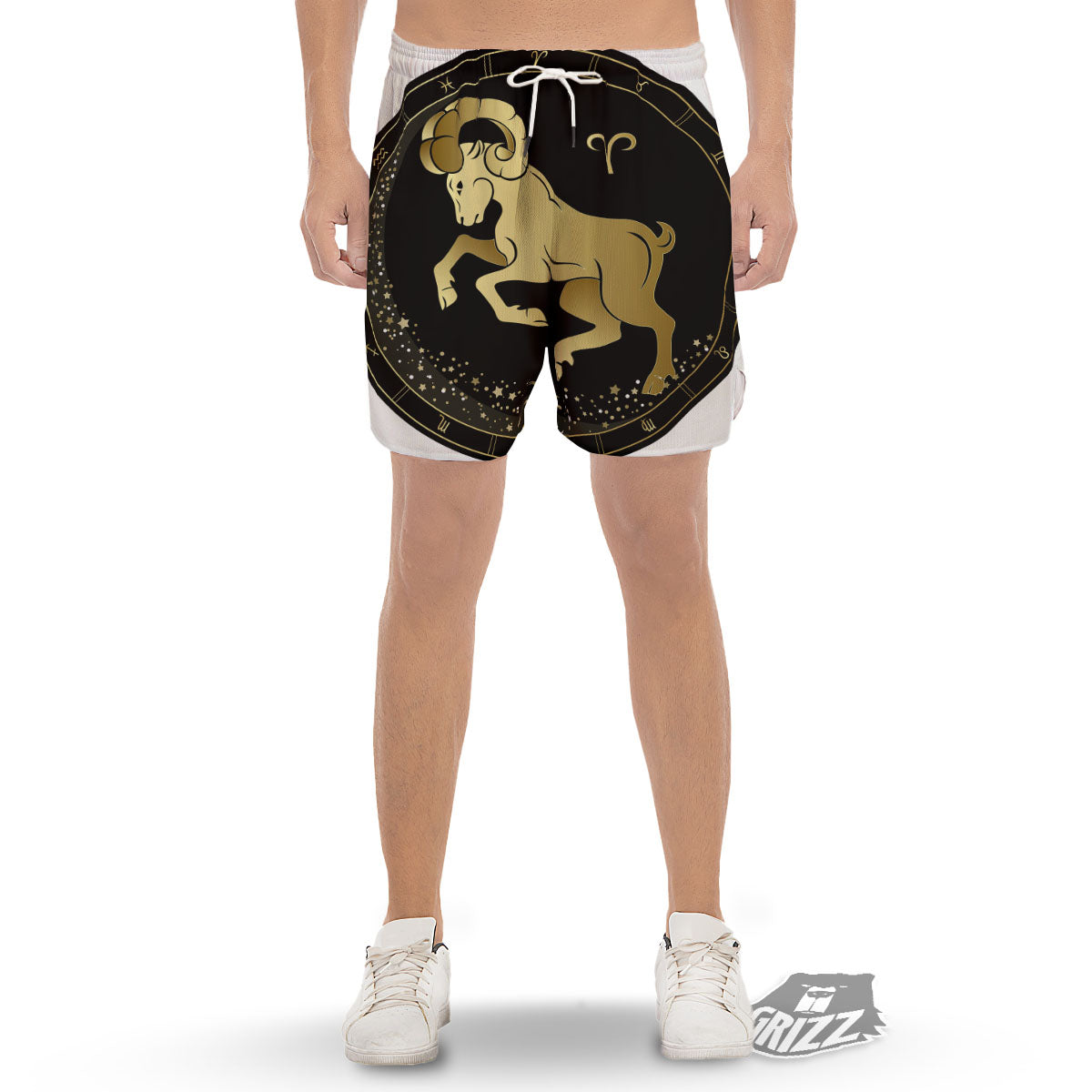 Aries Sign Black And Gold Print Men's Gym Shorts-grizzshop