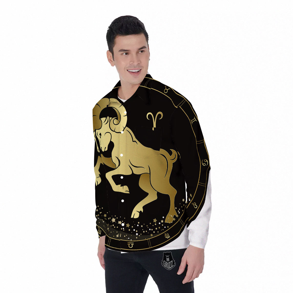 Aries Sign Black And Gold Print Men's Long Sleeve Shirts-grizzshop