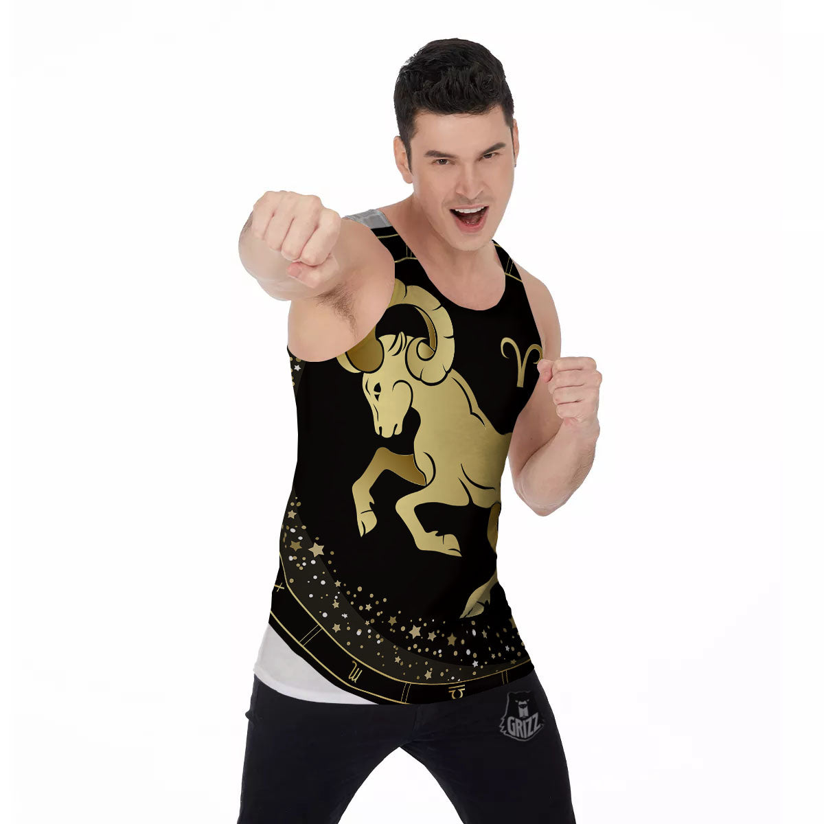Aries Sign Black And Gold Print Men's Tank Top-grizzshop