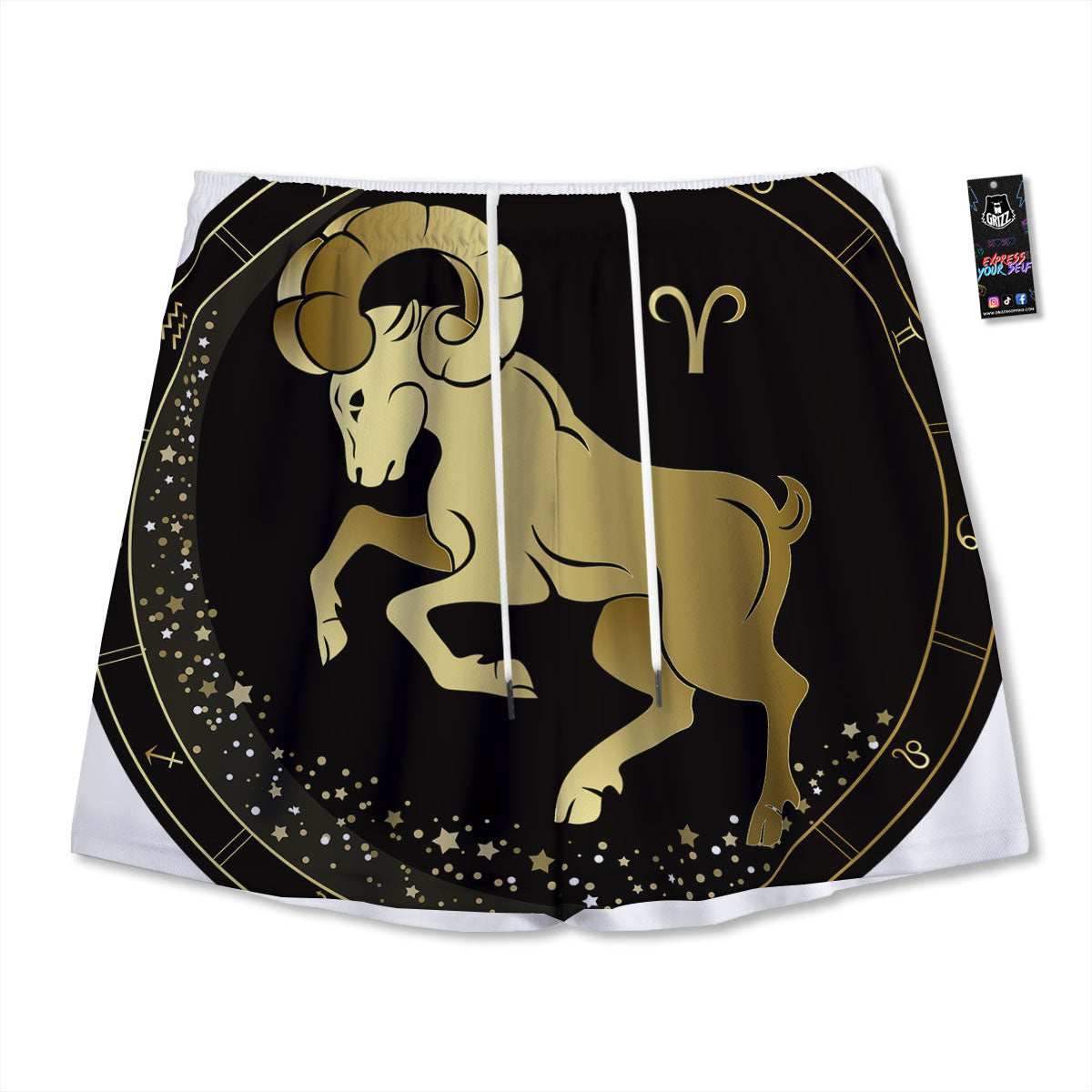 Aries Sign Black And Gold Print Mesh Shorts