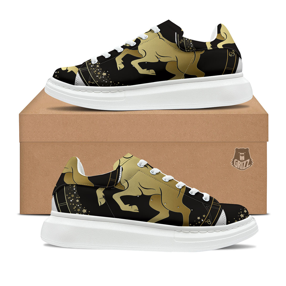 Aries Sign Black And Gold Print Platform Shoes-grizzshop