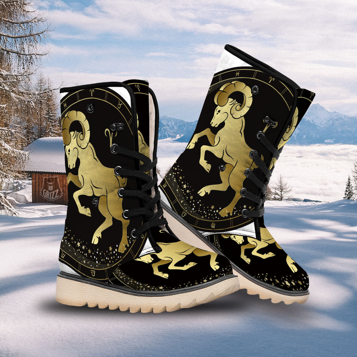 Aries Sign Black And Gold Print Snow Boots-grizzshop