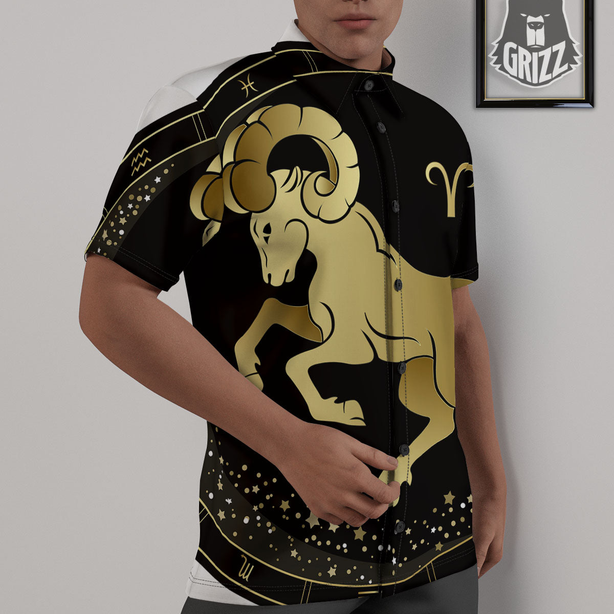 Aries Sign Black And Gold Print Untucked Shirts-grizzshop