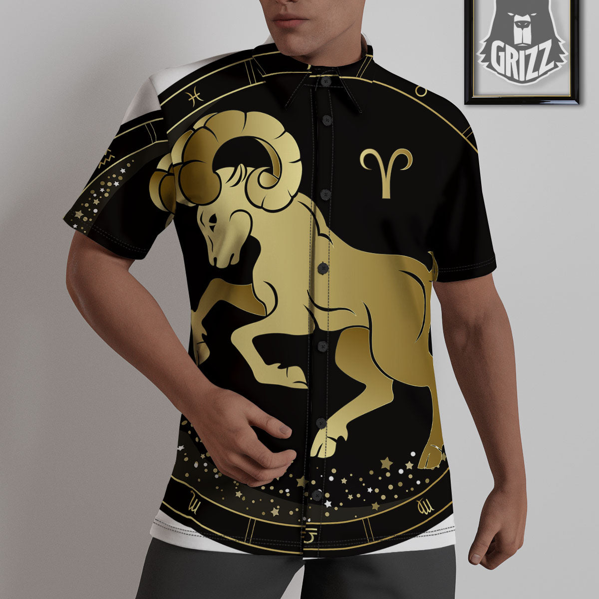 Aries Sign Black And Gold Print Untucked Shirts-grizzshop