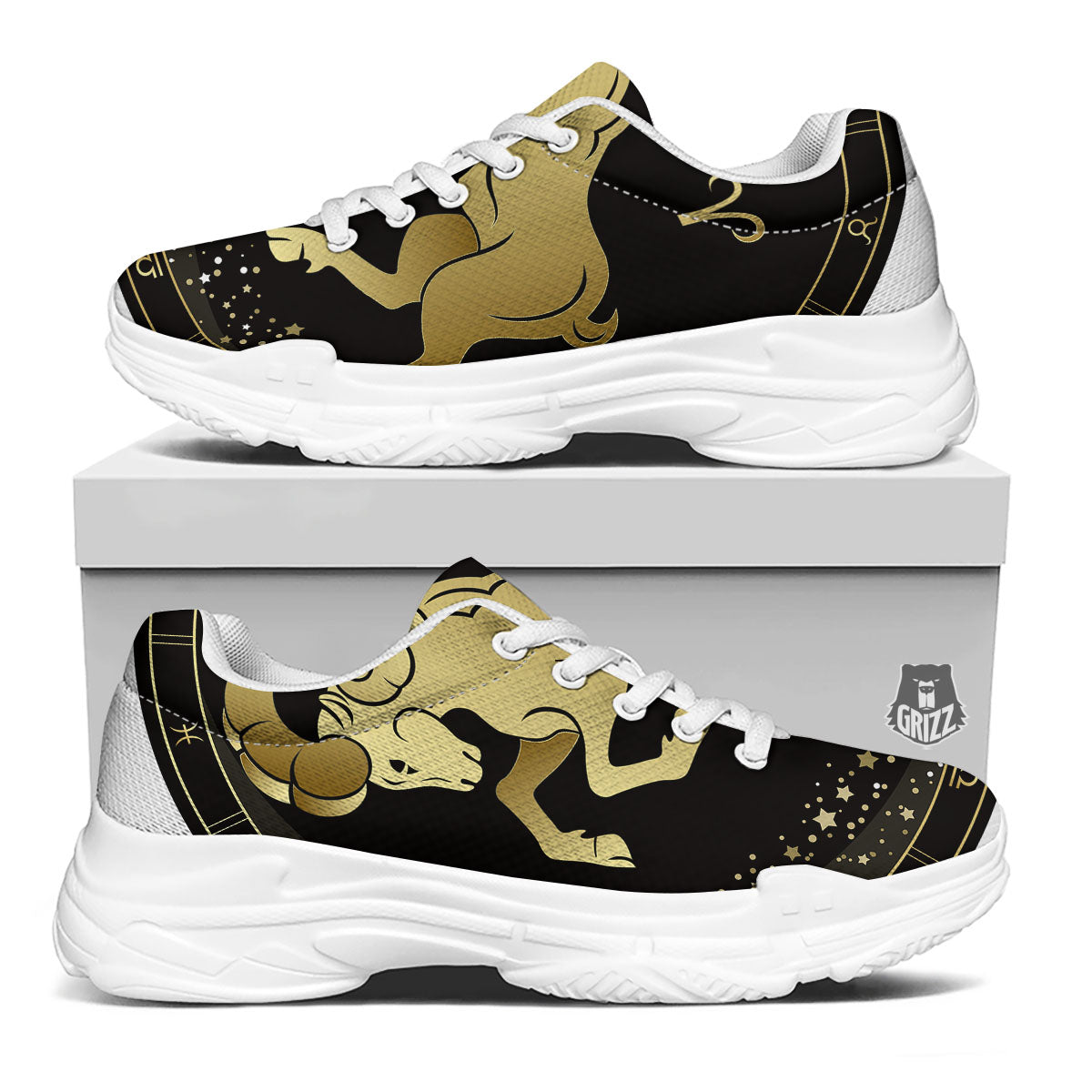 Aries Sign Black And Gold Print White Chunky Shoes-grizzshop