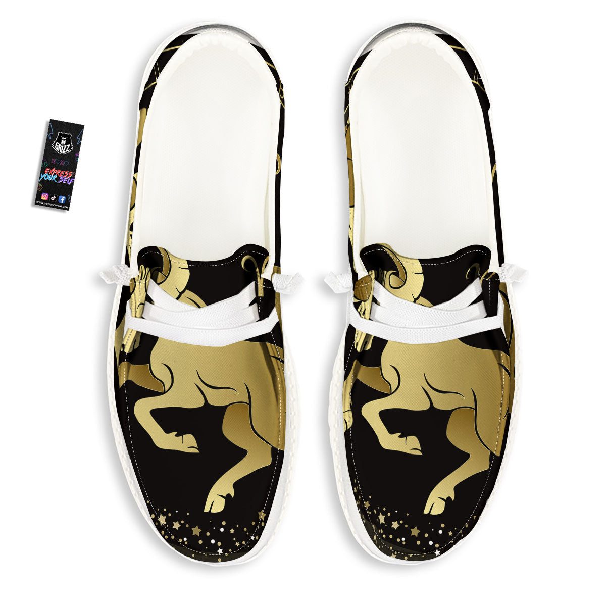 Aries Sign Black And Gold Print White Loafers-grizzshop
