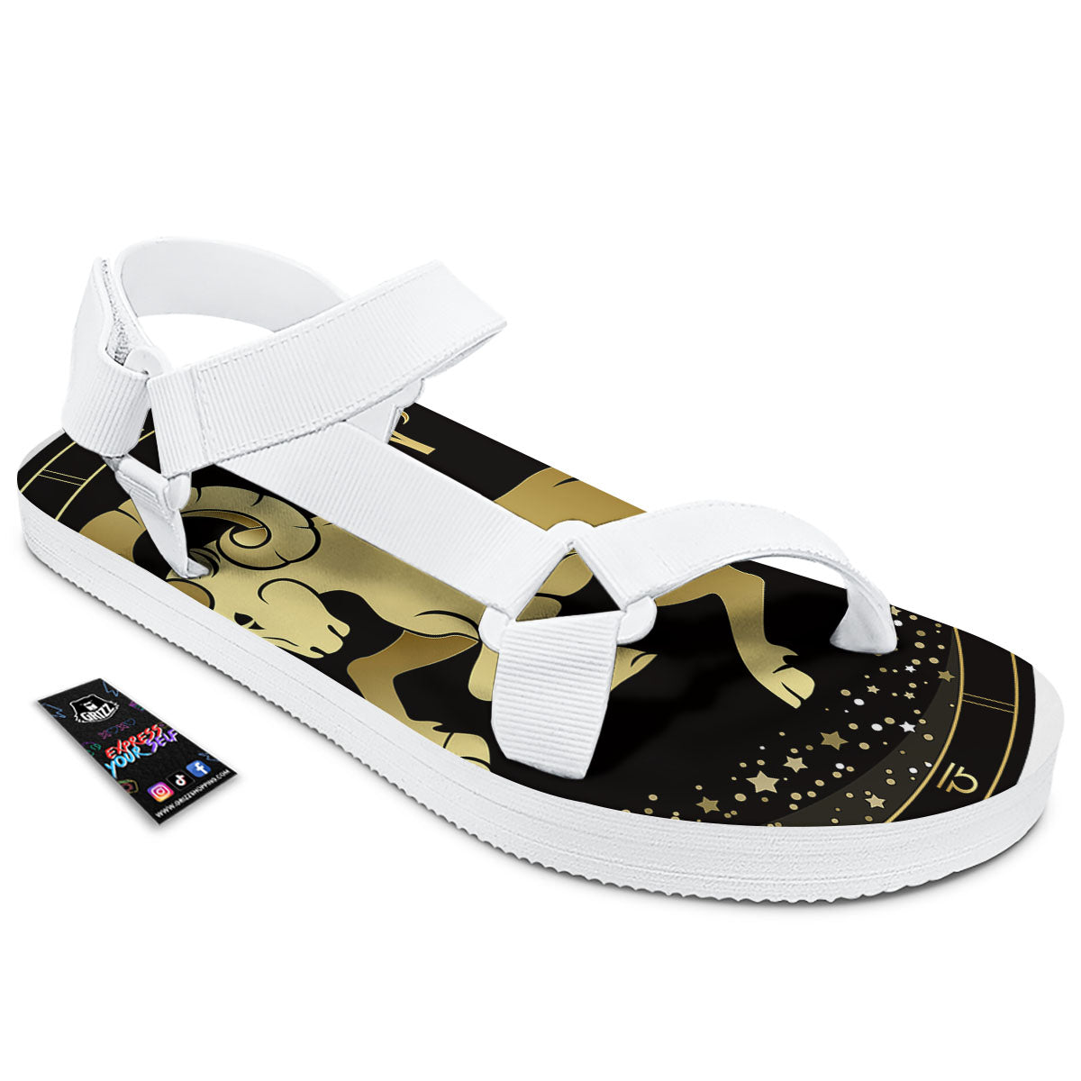 Aries Sign Black And Gold Print White Open Toe Sandals-grizzshop