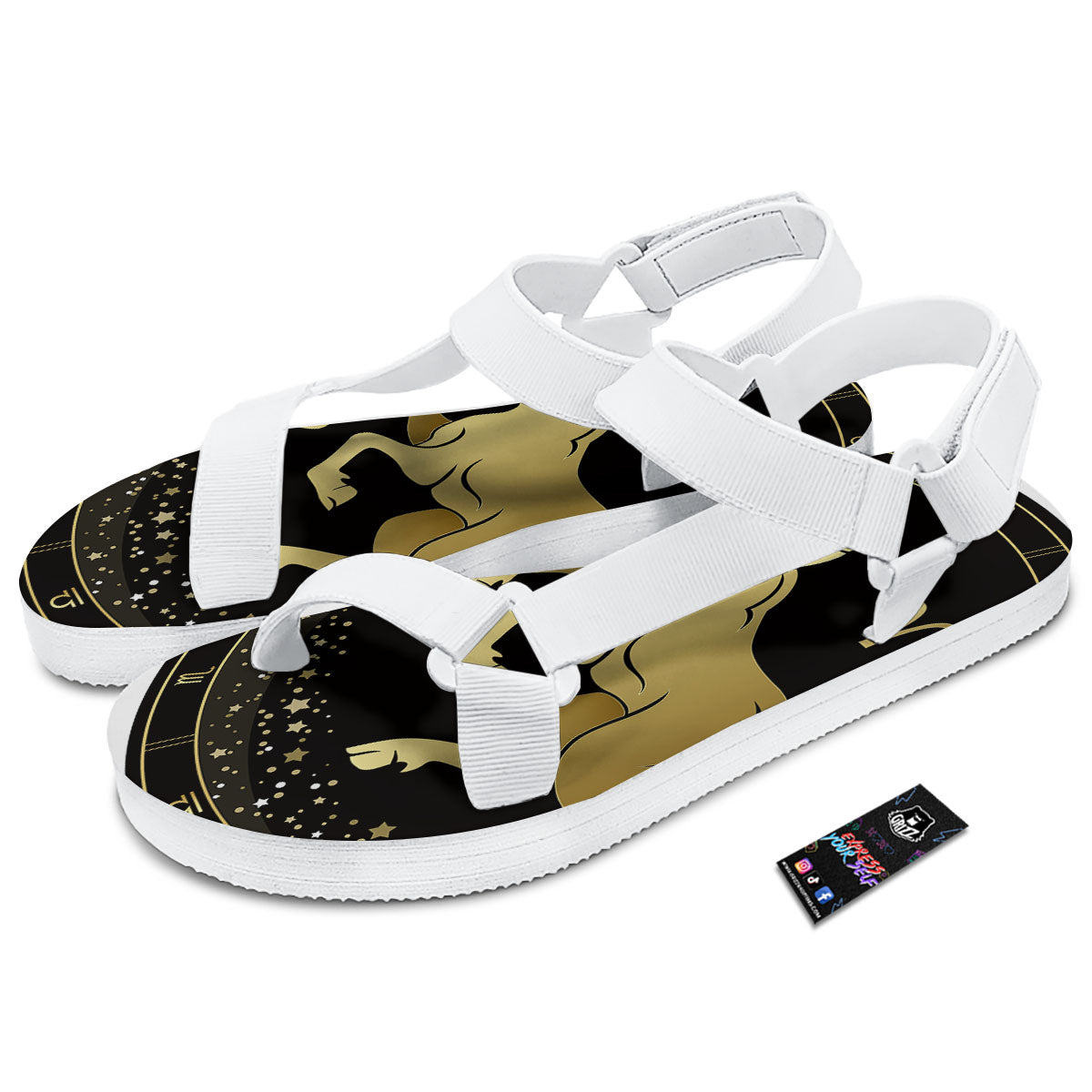 Aries Sign Black And Gold Print White Open Toe Sandals-grizzshop