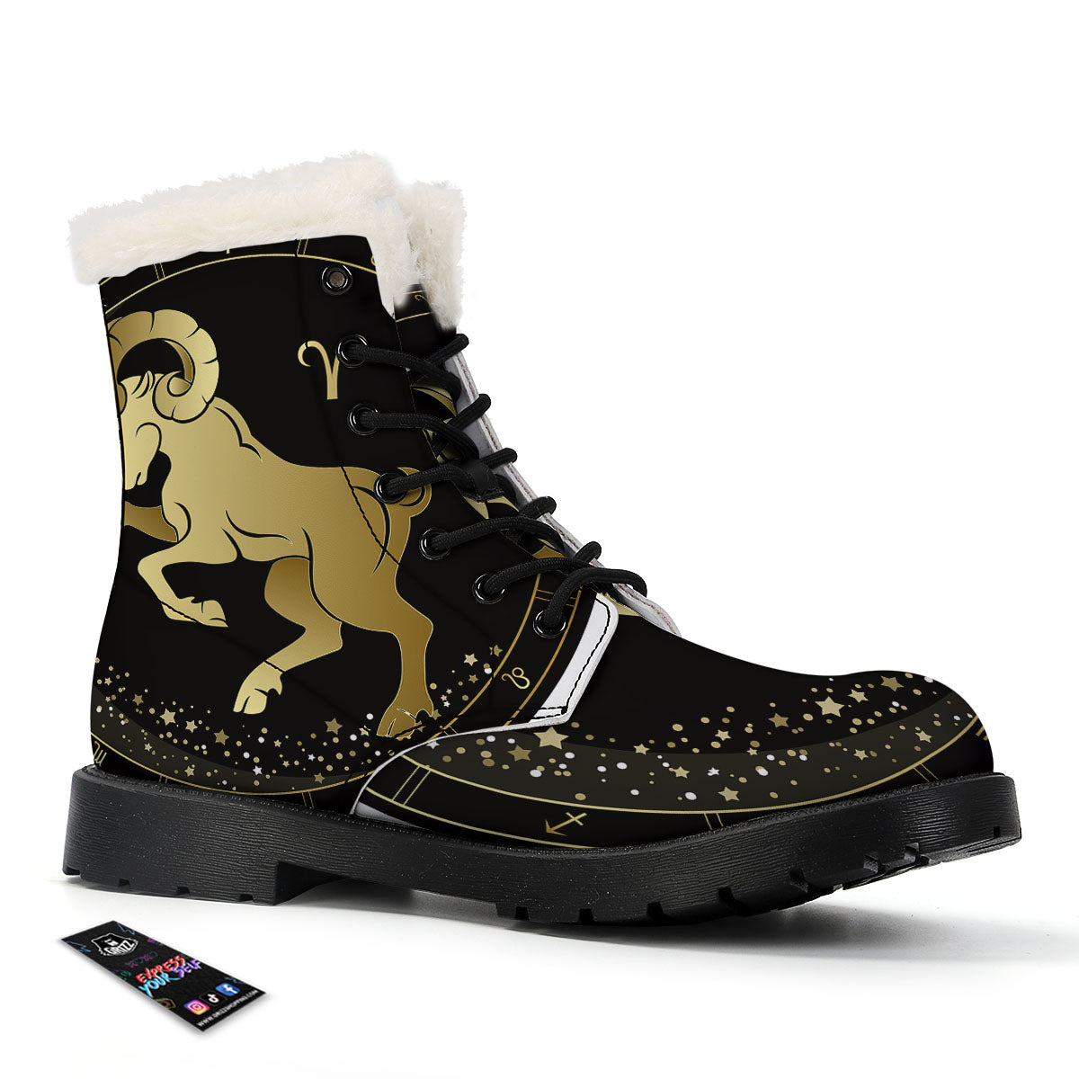 Aries Sign Black And Gold Print Winter Boots-grizzshop