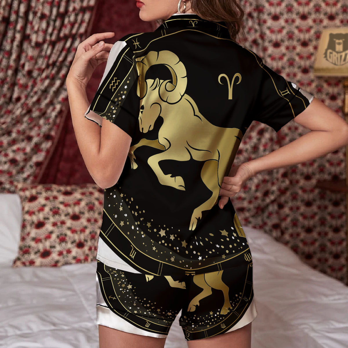 Aries Sign Black And Gold Print Women Silk Pajamas-grizzshop