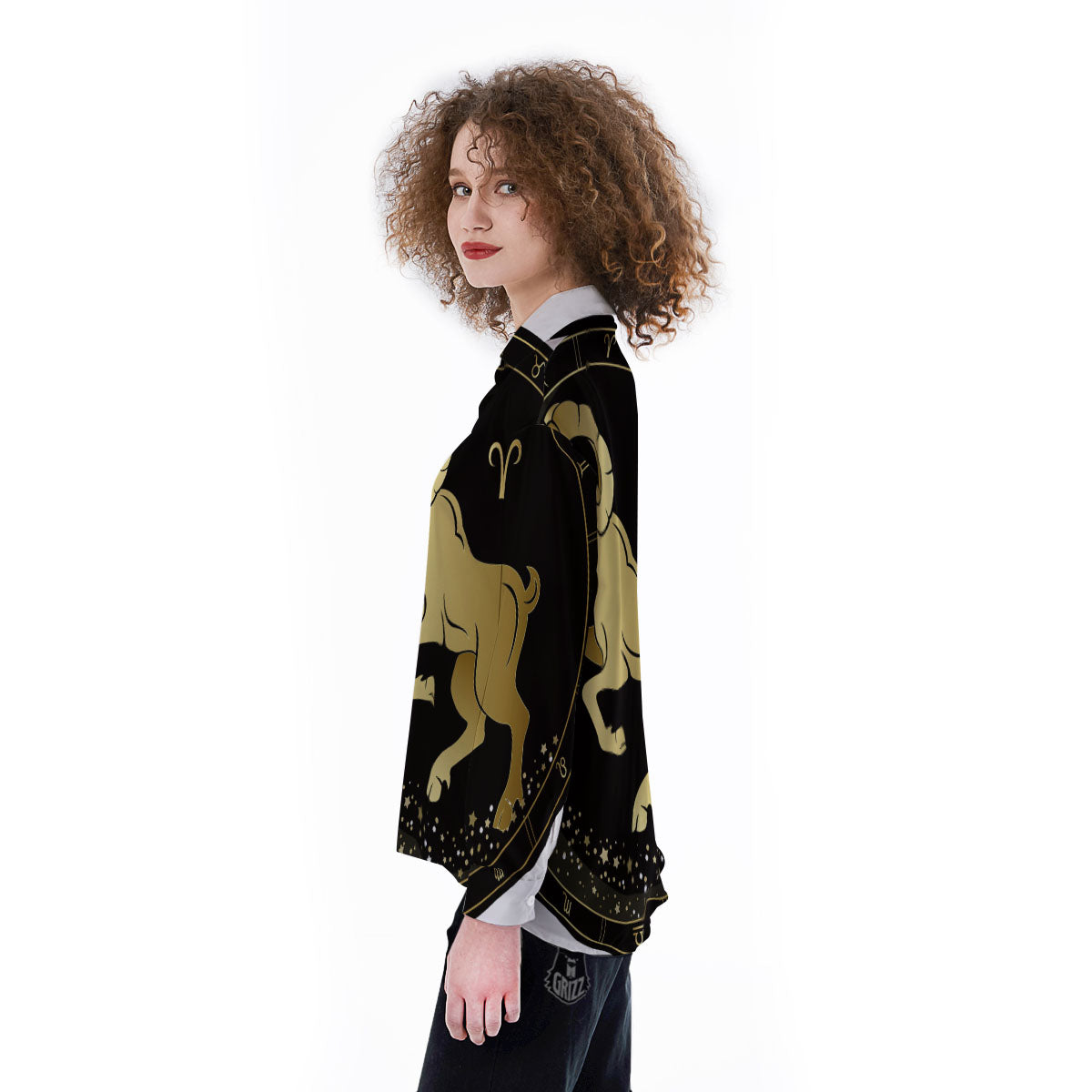 Aries Sign Black And Gold Print Women's Long Sleeve Shirts-grizzshop