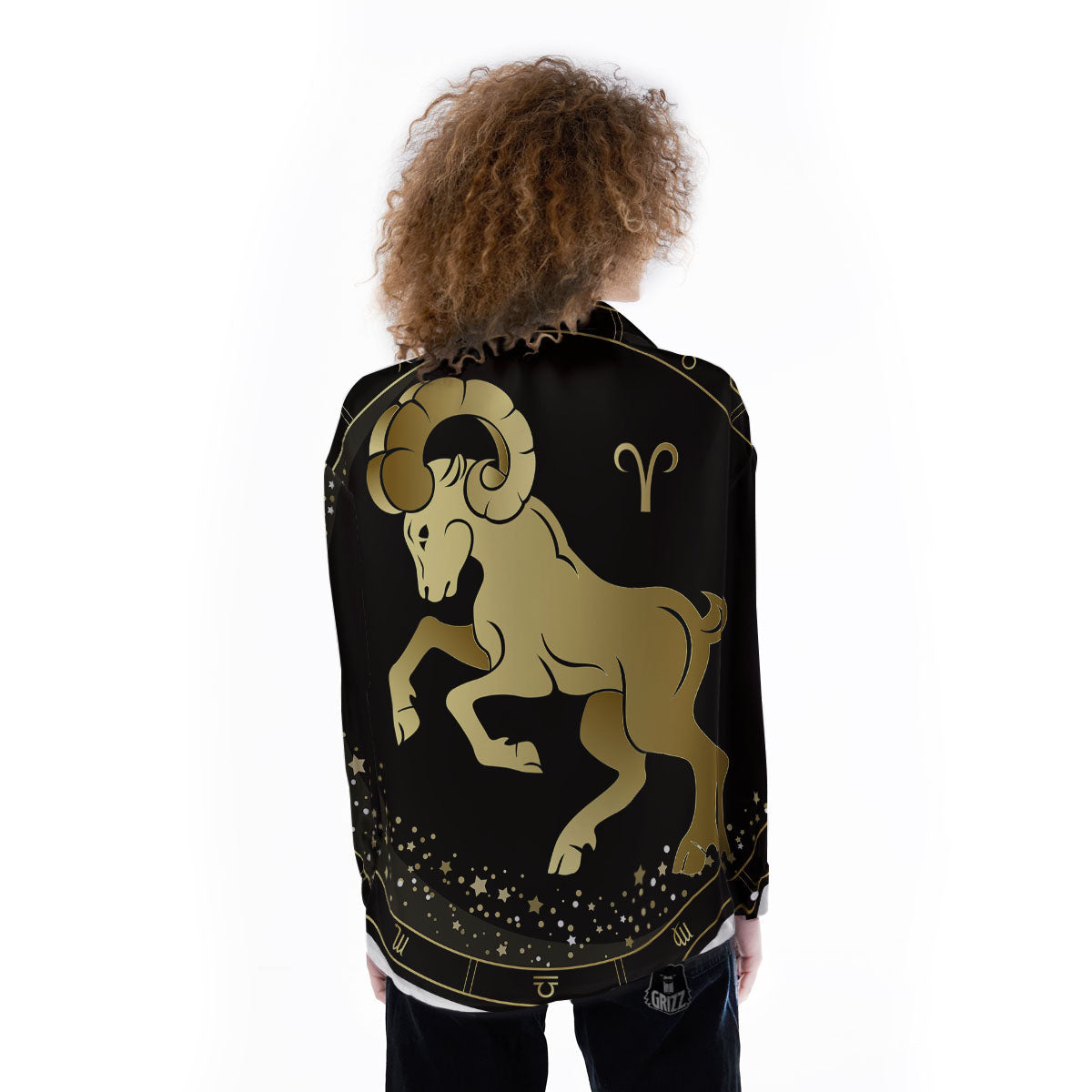 Aries Sign Black And Gold Print Women's Long Sleeve Shirts-grizzshop