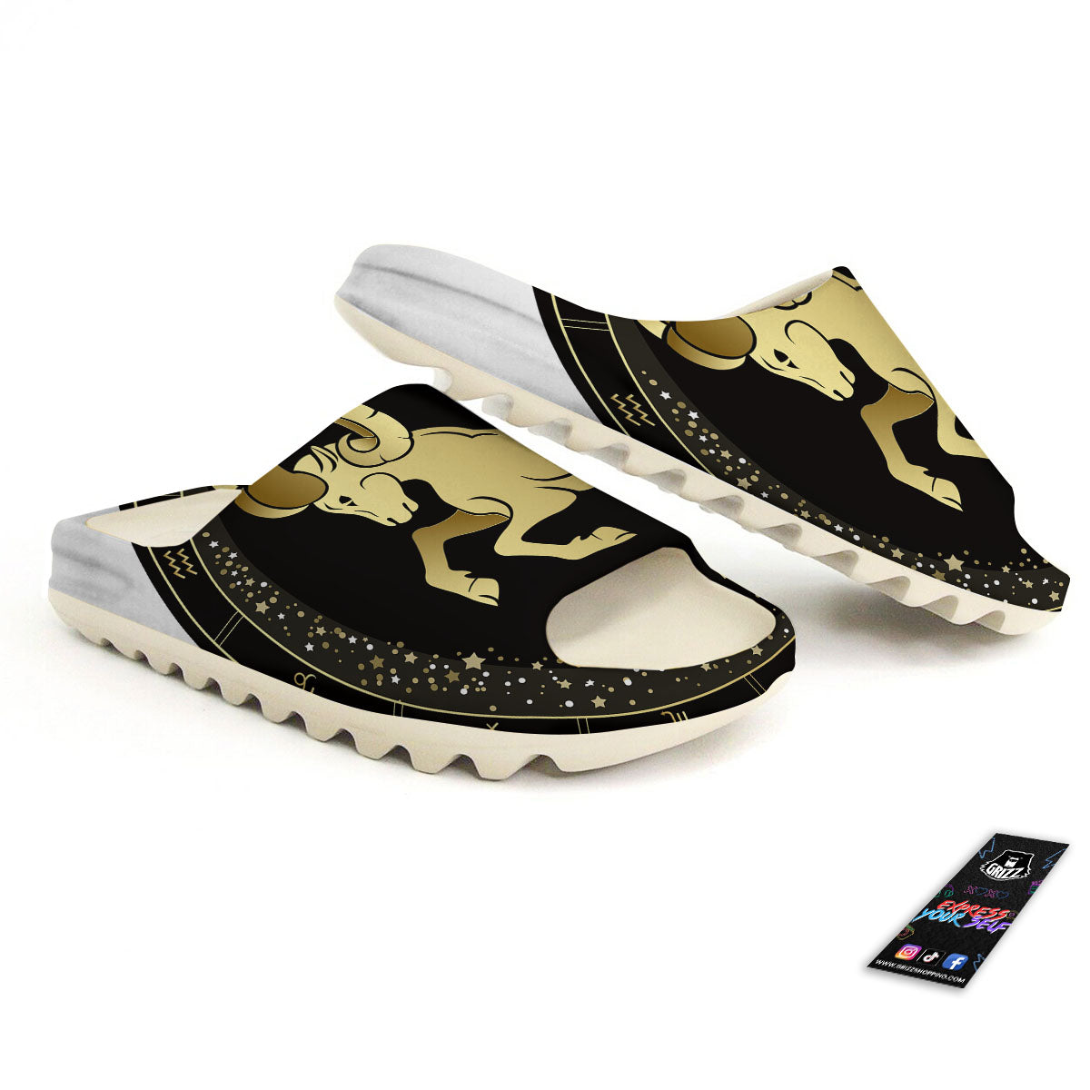 Aries Sign Black And Gold Print Sandals-grizzshop