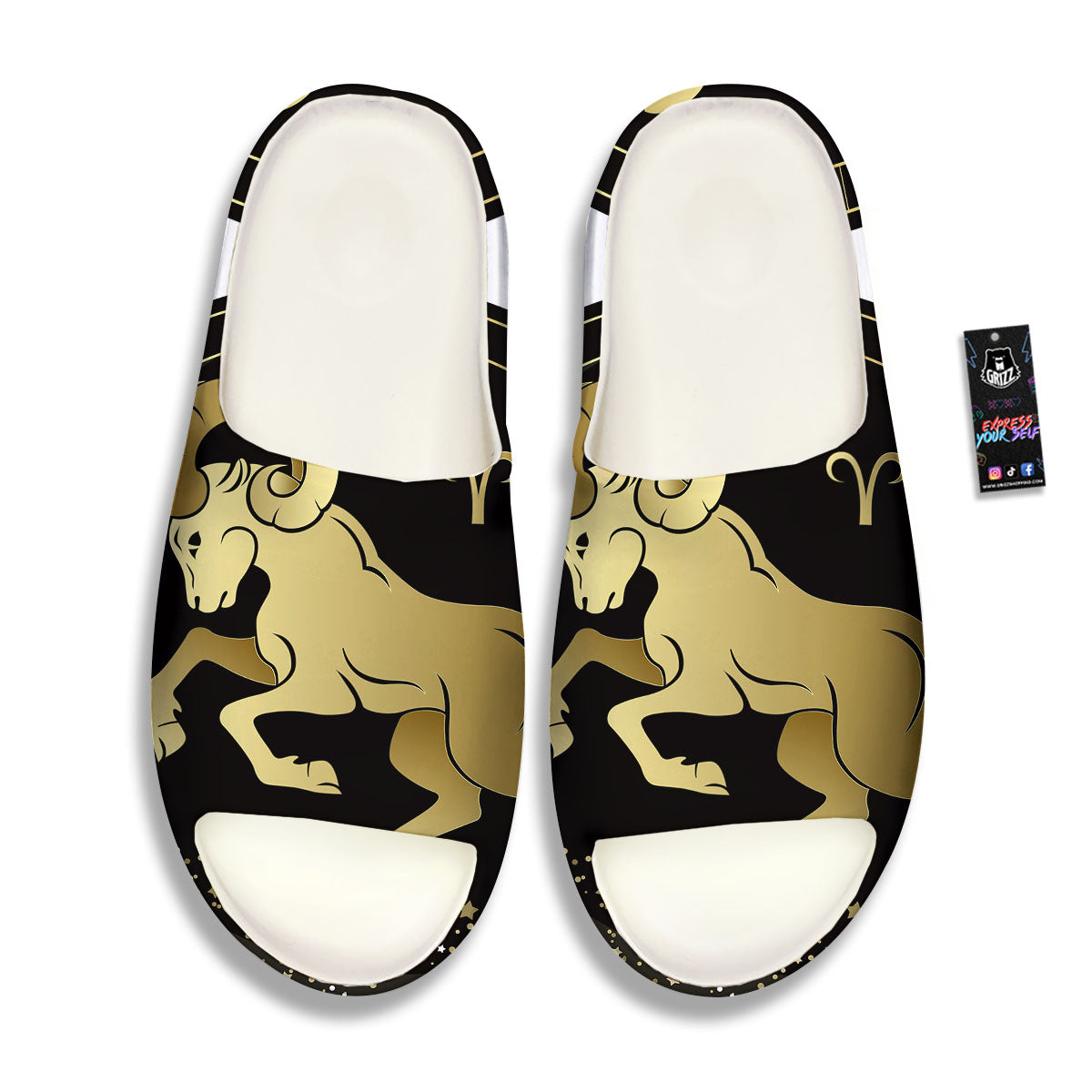 Aries Sign Black And Gold Print Sandals-grizzshop