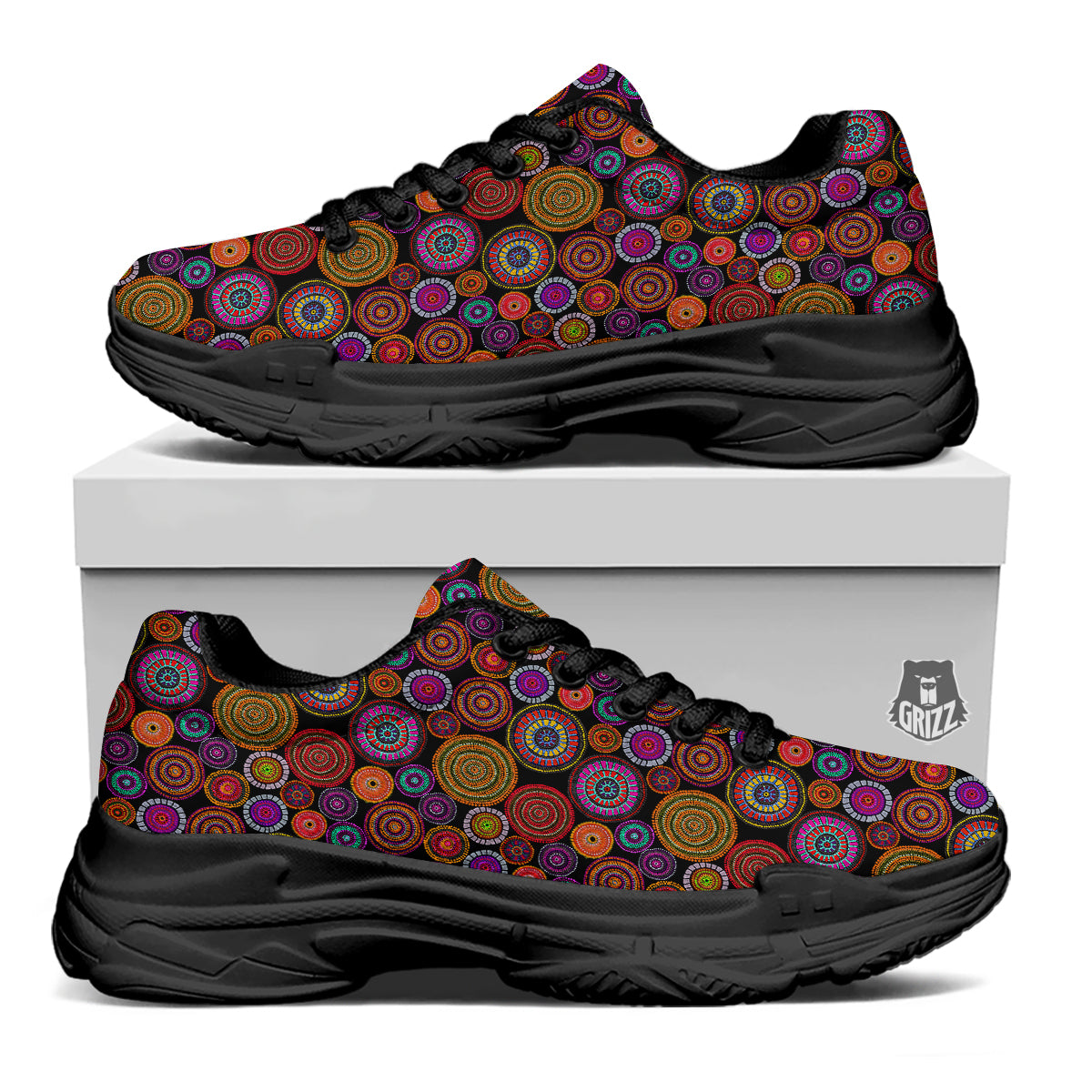 Art Australian Aboriginal Print Pattern Black Chunky Shoes-grizzshop