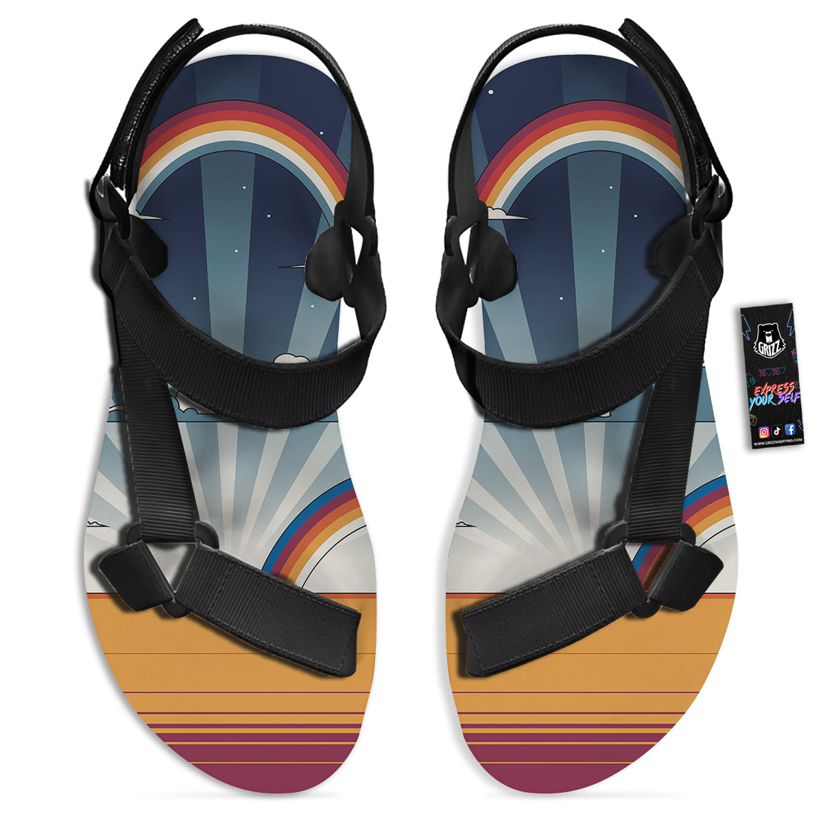 Art Style Hippie 1960s Print Black Open Toe Sandals-grizzshop