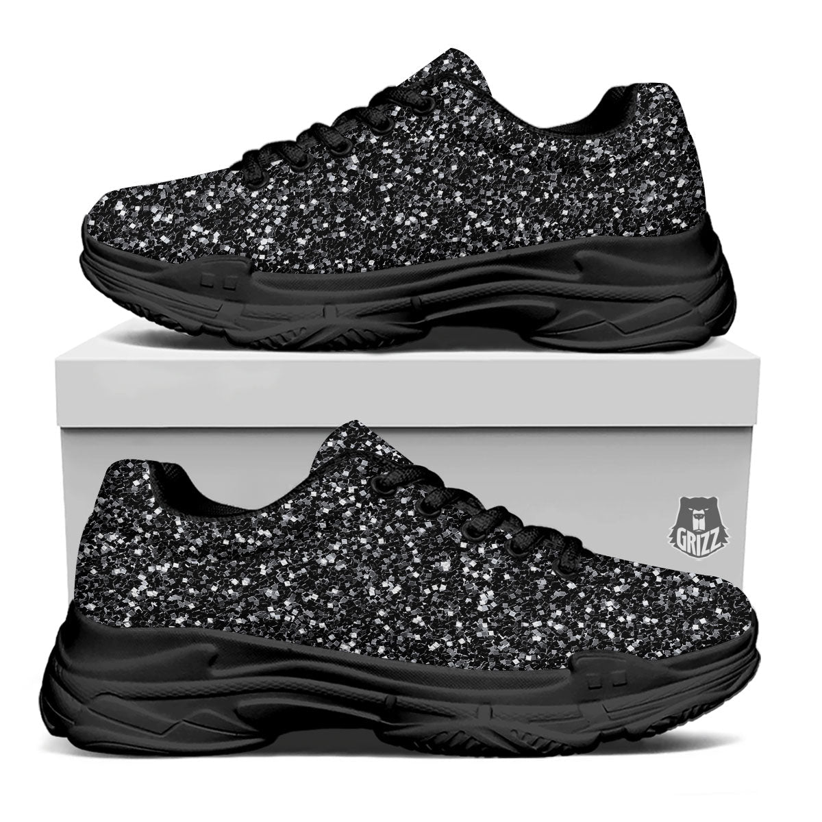Artwork Black Glitter Print Black Chunky Shoes-grizzshop