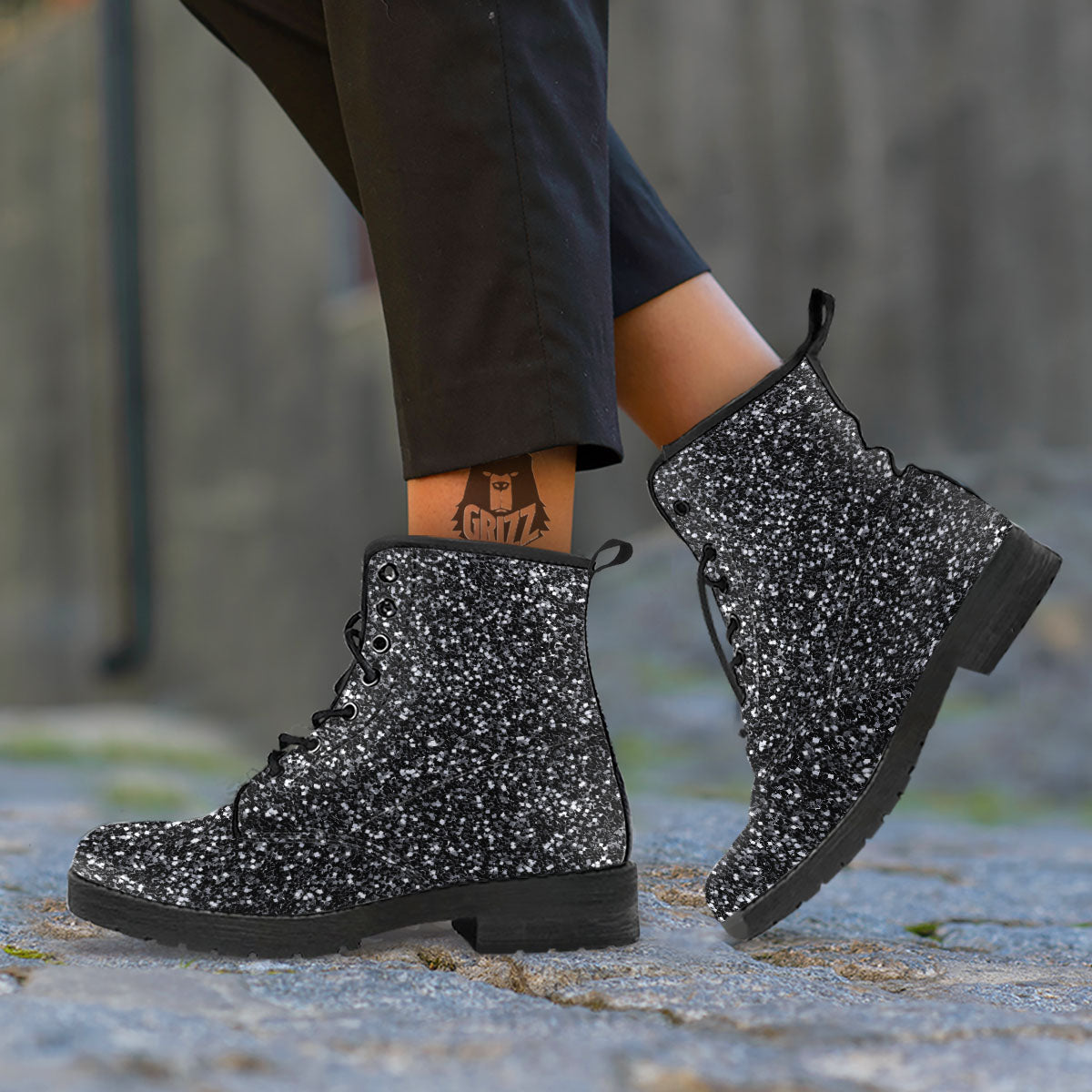 Artwork Black Glitter Print Leather Boots-grizzshop