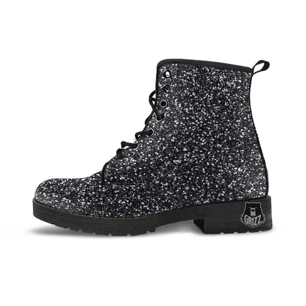 Artwork Black Glitter Print Leather Boots-grizzshop