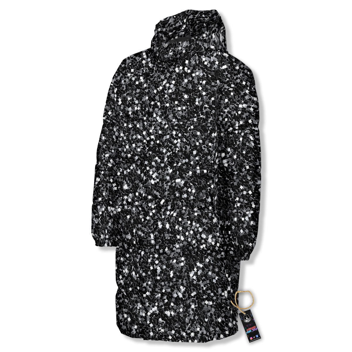 Artwork Black Glitter Print Long Down Jacket-grizzshop