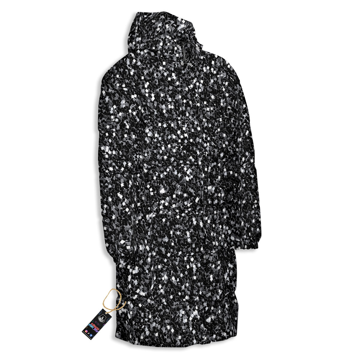 Artwork Black Glitter Print Long Down Jacket-grizzshop