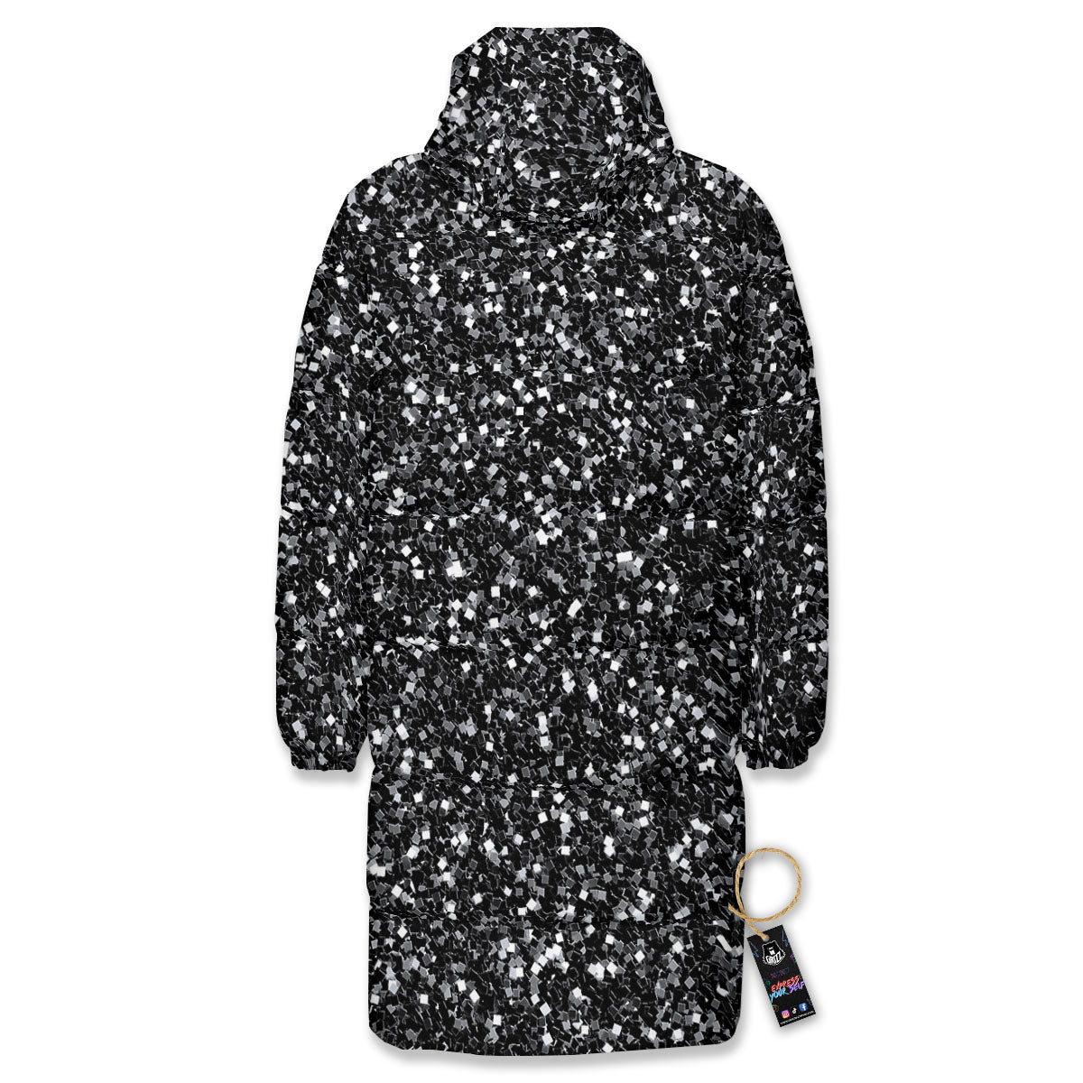 Artwork Black Glitter Print Long Down Jacket-grizzshop