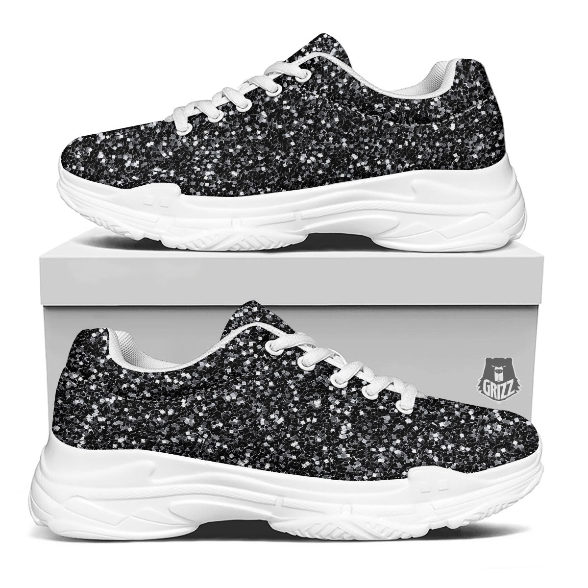 Artwork Black Glitter Print White Chunky Shoes-grizzshop
