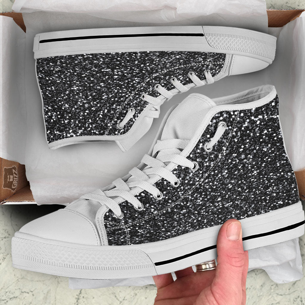 Artwork Black Glitter Print White High Top Shoes-grizzshop