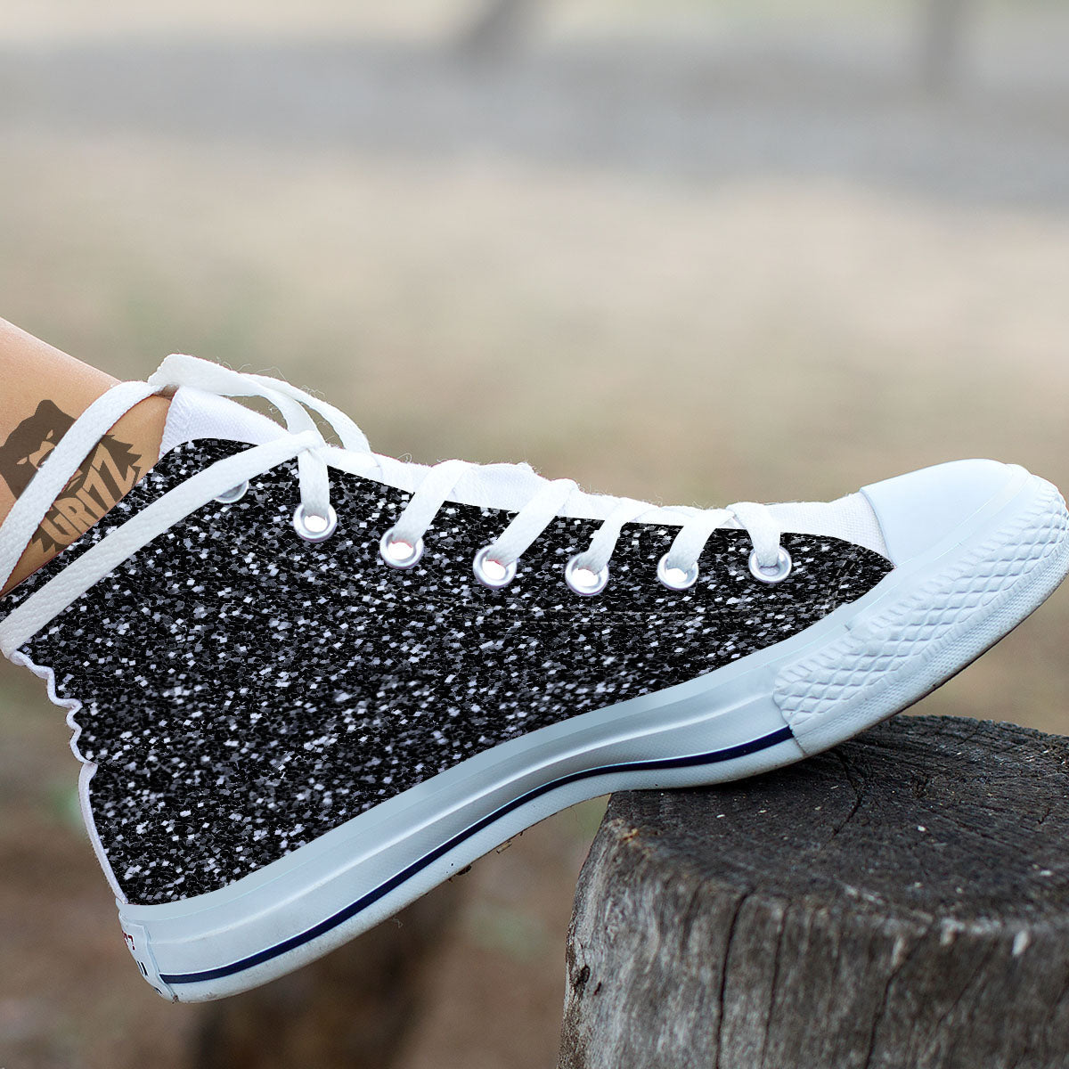 Artwork Black Glitter Print White High Top Shoes-grizzshop