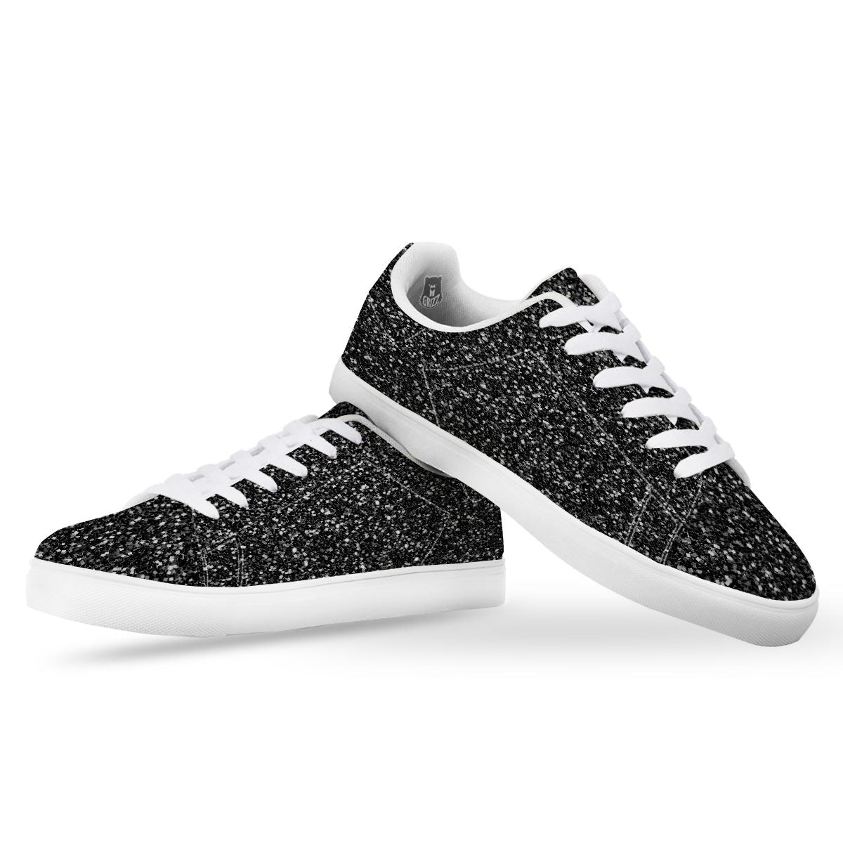 Artwork Black Glitter Print White Low Top Sneakers-grizzshop